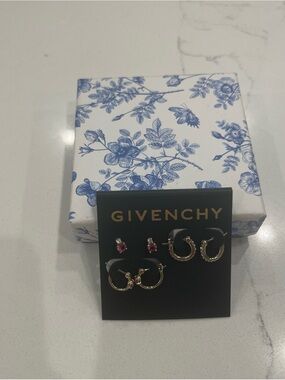 Givenchy Gold-Tone Hoop and Pink Crystal Stud Earring Trio